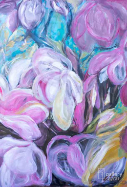 Kolekcjonerski, oryginalny, dekoracyjny kwiatowy obraz akrylowy Małgorzaty Cerkowniak Magnolie 1 rozmiar 80x120cm pionowy