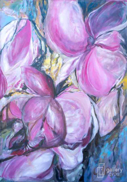 Kolekcjonerski, oryginalny, dekoracyjny kwiatowy obraz akrylowy Małgorzaty Cerkowniak Magnolie 2 rozmiar 80x120cm pionowy